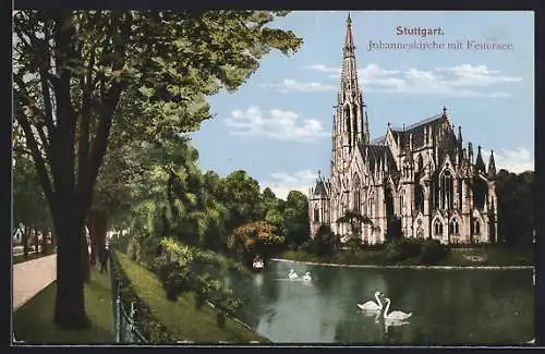 AK Stuttgart, Johanneskirche mit Feuersee