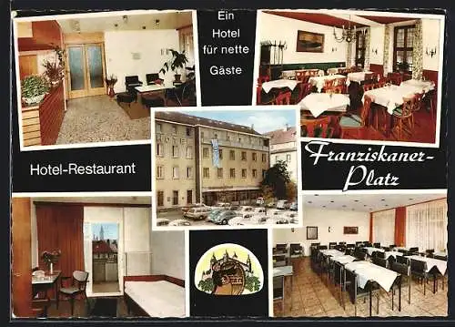 AK Würzburg, Hotel-Restaurant Franziskaner-Platz mit Innenansicht