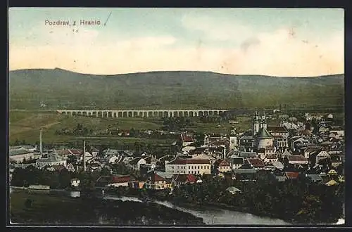 AK Hranice, Ortsansicht mit Viadukt