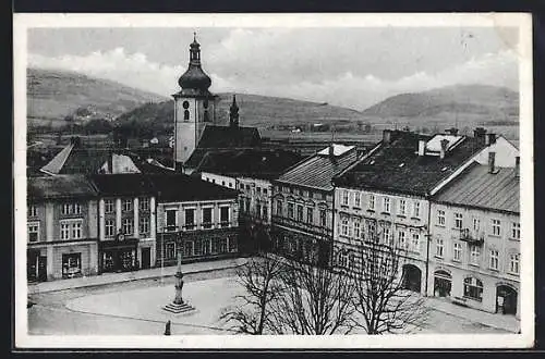 AK Frankstadt u. d. R., Viktoria-Platz mit Kirche und Denkmal