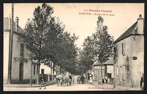 AK Saulieu, Avenue de la Gare avec restaurant et charrette tirée par des chevaux