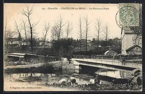 AK Châtillon-sur-Seine, Les Nouveaux Ponts avec troupeau au bord de la rivière