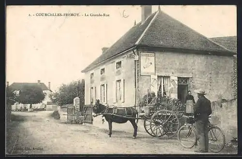 AK Courcelles-Fremoy, La Grande Rue, Eselkarren vor einer Warenhandlung