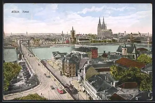 AK Köln, Totalansicht mit Rheinbrücke, Dom und Strassenbahn