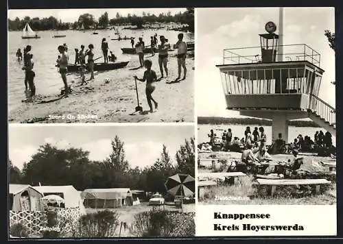 AK Knappensee /Hoyerswerda, Strand Gr. Särchen, Zeltplatz, Zielrichterturm