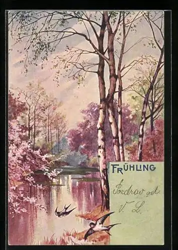 AK Allegorie Frühling, Schwalben am Fluss in einem Waldstück