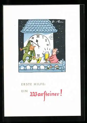 AK Frau bringt Trompeter an der Turmuhr nachts ein Warsteiner, Brauerei-Werbung