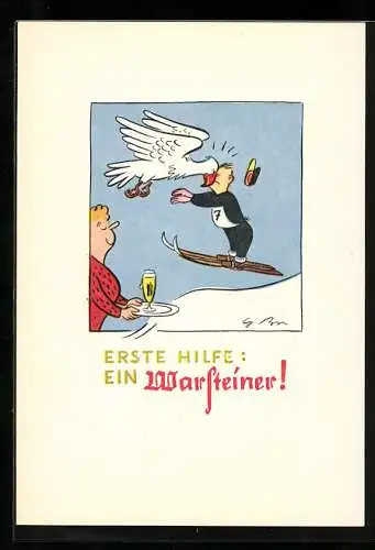 Künstler-AK G. Bri: Erste Hilfe - Ein Warsteiner!, Skisprung, Scherz, Bier