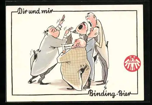 AK Brauerei-Werbung für Binding-Bier, Männerchor mit Bierflaschen in den Hosentaschen