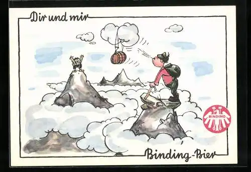 AK Bergsteiger mit Fass Binding-Bier an einer Wolke, Brauerei-Werbung