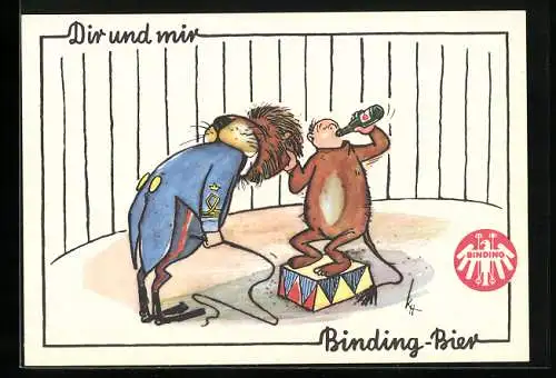 AK Binding-Bier, Löwe nimmt die Maske ab und probiert, Brauerei-Werbung