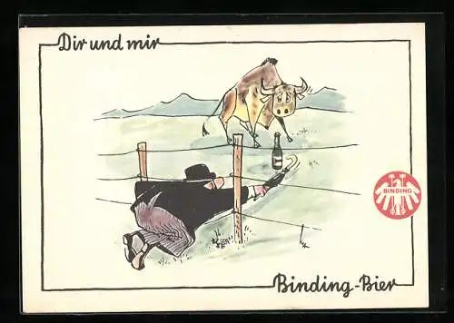 AK Binding-Bier, Mann versucht eine Flasche zu ergattern, Brauerei-Werbung