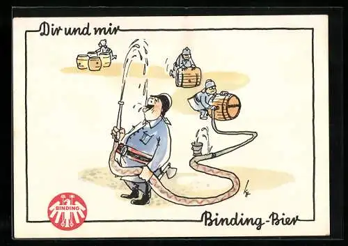 Künstler-AK Brauerei-Werbung für Binding-Bier, Feuerwehrmann löscht seinen Durst