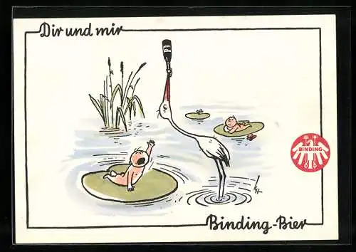 AK Brauerei-Werbung, Binding-Bier, Storch trinkt ein Bier, Baby's schreien