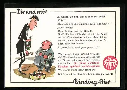 Künstler-AK Binding-Bier Werbung mit grossem dünnen und kleinem dicken Mann und Kasten Bier, Gespräch