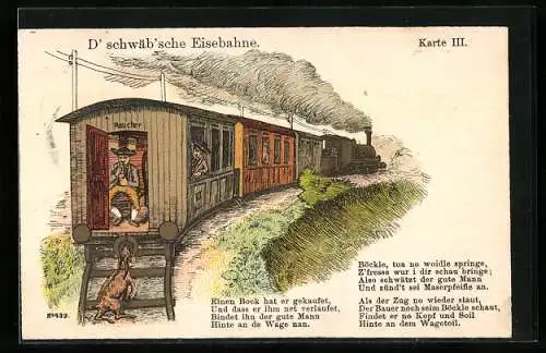 AK D` schwäb`sche Eisenbahne, Karte III., Ziege eines Bauern wird vom Zug hinterher geschleift