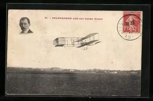 AK Delagrange vole sur biplan Voisin, frühes Flugzeug