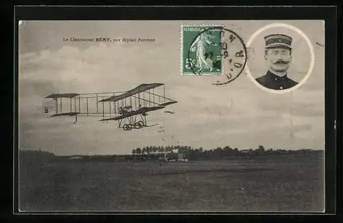 AK Le Lieutenant Rémy sur Biplan Farman, frühes Flugzeug