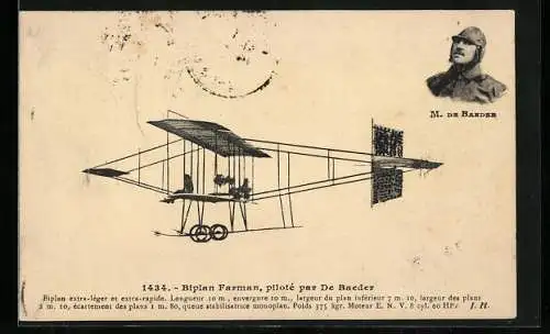 AK Flugzeugpilot M. de Baeder im Biplan Farman