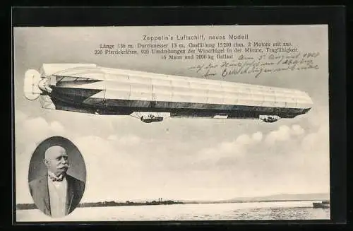 AK Zeppelin`s Luftschiff mit Seepanorama, Portrait Graf Zeppelin im Anzug