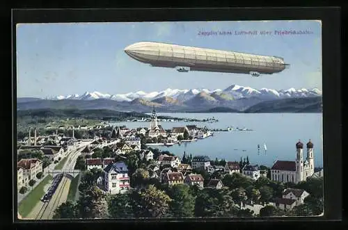 AK Friedrichshafen, Ortsansicht mit Zeppelin und Aeroplan