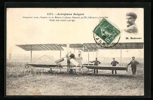 AK Pilot M. Bréguet in einem Doppeldecker-Flugzeug am Boden