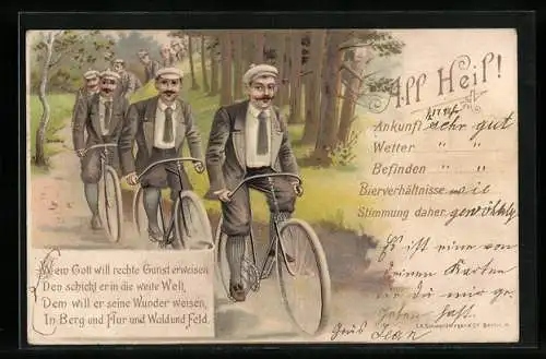 Lithographie Fahrradclub mit Rädern auf dem Waldweg