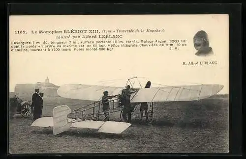 AK Le Monoplan Blériot XIII, monté par Alfred Leblanc, Eindecker-Flugzeug am Boden