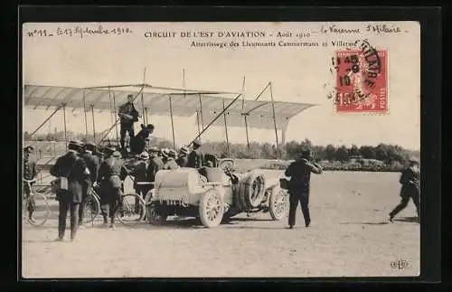 AK Circuit de l`Est d`Aviation, Aout 1910, Atterrissage des Lieutenants Cammermann et Villerme, Doppeldecker-Flugzeug