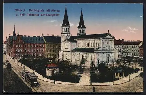 AK Wien, Ortspartie mit Keplerplatz und Kirche z. hl. Johannes der Evangelist, Strassenbahn