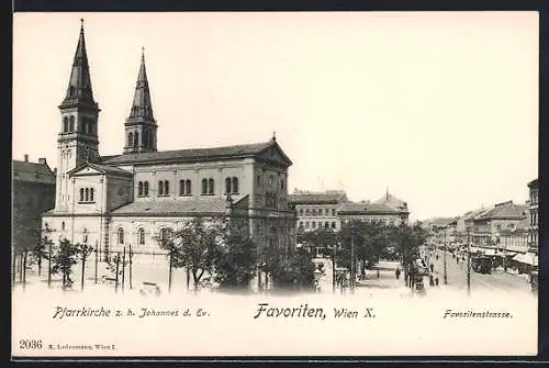 AK Wien, Favoriten, Pfarrkirche z. h. Johannes d. Ev. und Favoritenstrasse