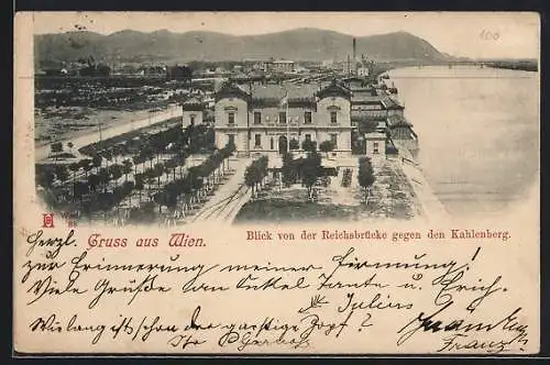 AK Wien, Blick von der Reichsbrücke gegen den Kahlenberg