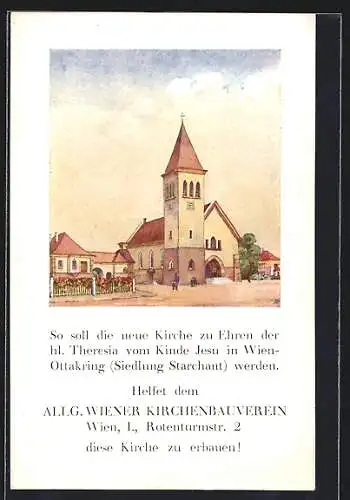 Künstler-AK Wien, Ottakring, Kirche zu Ehren der hl. Theresia vom Kinde Jesu, Baustein