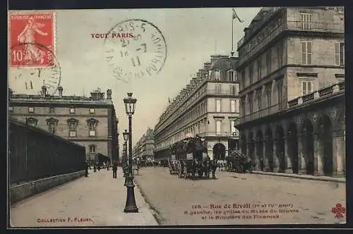 AK Paris, Rue de Rivoli, A gauche, les grilles du Musée du Louvre et le Ministère des Finances