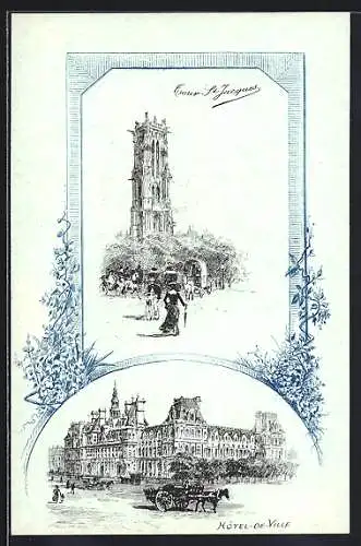 Lithographie Paris, Hotel-de-Ville, Tour St-Jacques