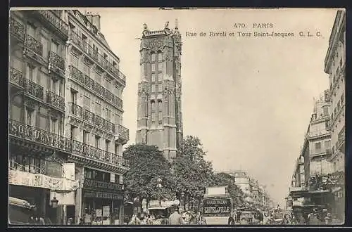 AK Paris, Rue de Rivoli et Tour Saint-Jacques