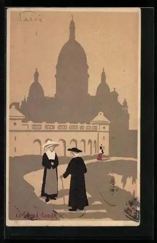 Künstler-AK Paris, Le Sacre-Coeur, Priester und Nonne vor der Silhouette der Kirche