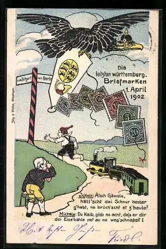 AK Die letzten württembergischen Briefmarken 1902, Adler, Wappen, Posthorn, Eisenbahn