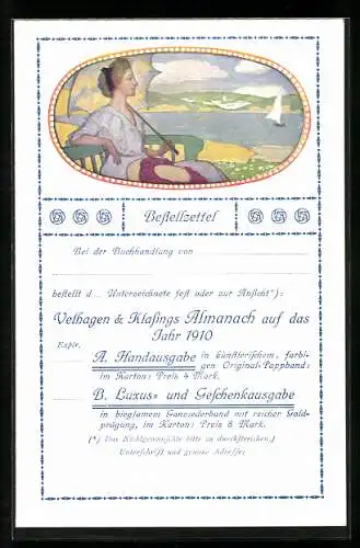 Künstler-AK Reklame für Velhagen & Klasings Almanach auf das Jahr 1910