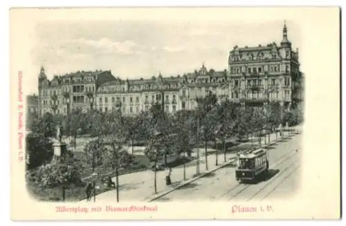 Relief-AK Plauen i. V., Albertplatz mit Bismarckdenkmal und Strassenbahn