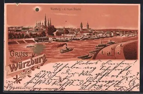 Lithographie Würzburg, Teilansicht von der neuen Brücke aus gesehen