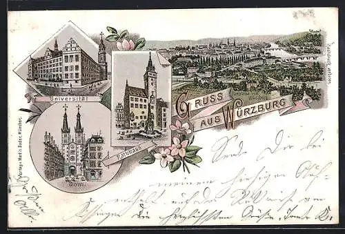 Lithographie Würzburg, Universität, Dom, Rathhaus, Panoramablick