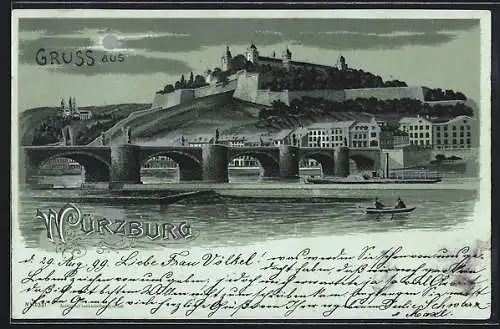 Mondschein-Lithographie Würzburg, Blick auf die Festung