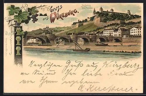 Lithographie Würzburg, Festung mit alter Brücke