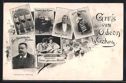 AK Würzburg, Darsteller aus dem Odeontheater, Bachus Jacobi, Alma Bergenson, Direktor Hans Hammerbacher