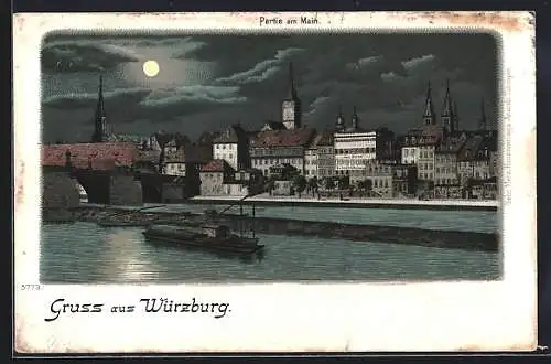 Lithographie Würzburg, Mainpartie bei Nacht