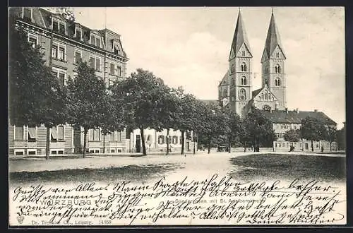 AK Würzburg, Strasse Sanderwasen mit St. Adalberdkirche