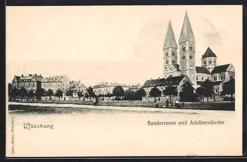 AK Würzburg, Strasse Sanderrasen und Adalberokirche