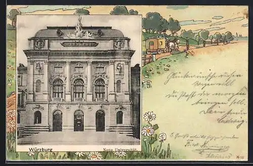 Lithographie Würzburg, Partie an der neuen Universität, Passepartout mit Postkutsche