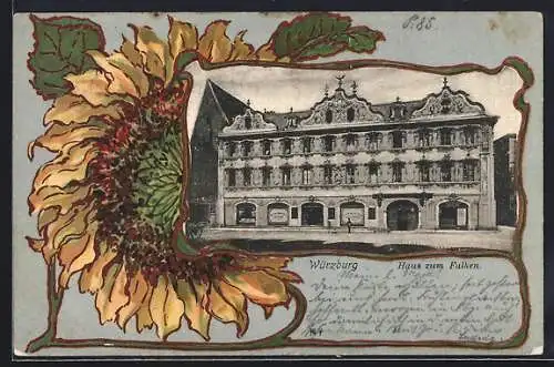 Lithographie Würzburg, Haus zum Falken, Passepartout mit Sonnenblume